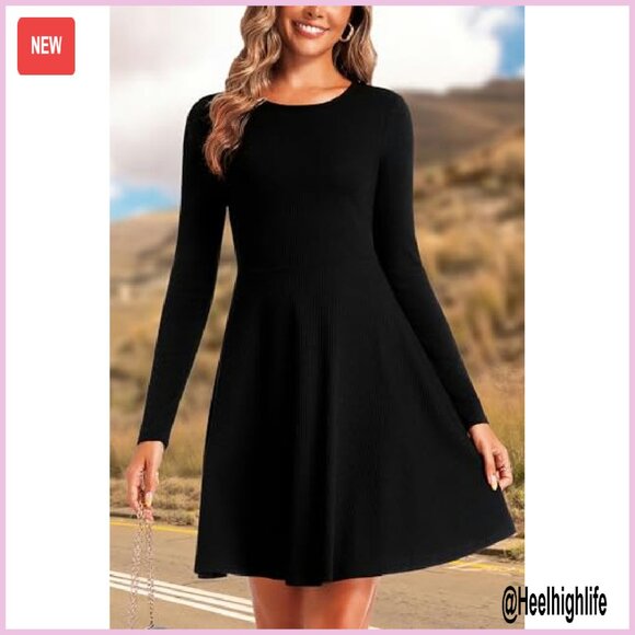 Long Sleeve Ribbed Knit A-Line Dress Elastic Waist Casual Winter - Picture 7 of 7